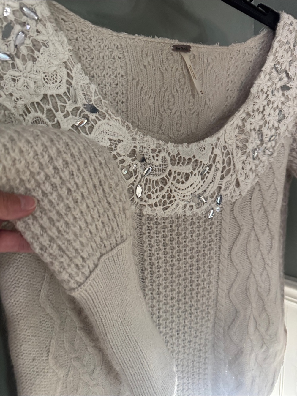 Free People Women's Cream Cable Knit Scoop Neck Sweater with Lace & Bead Detail - Picture 4 of 7